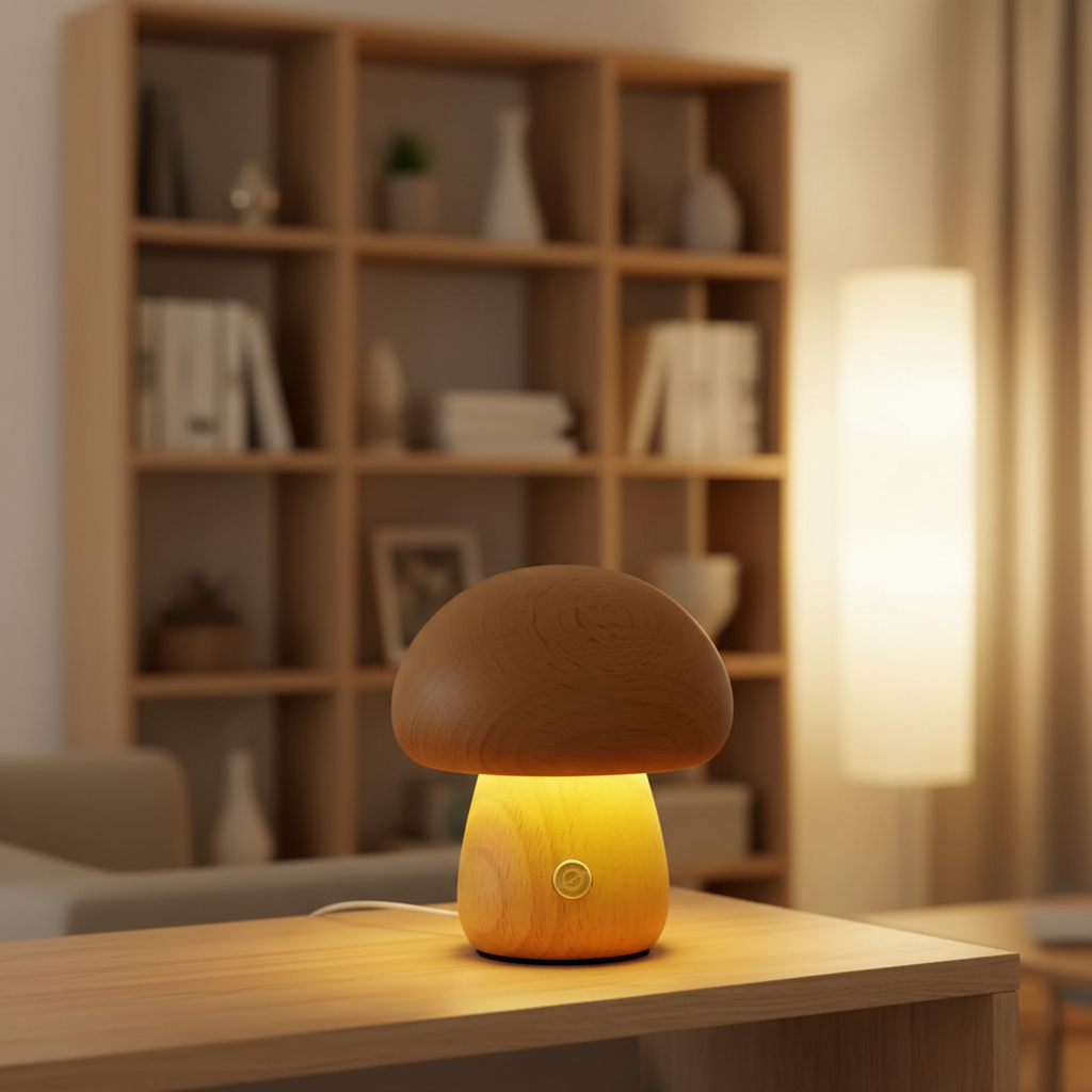Light wood mushroom table lamp with warm glow and round power button