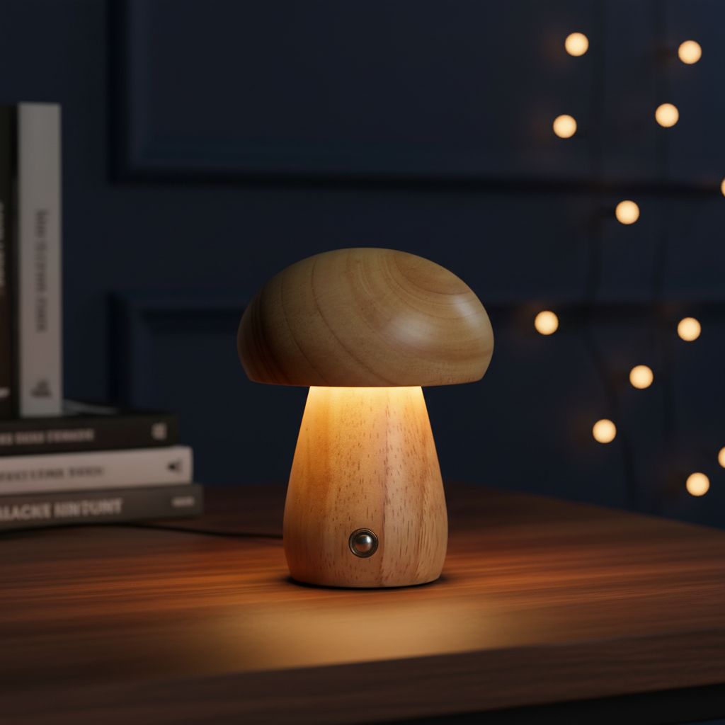 Mushroom table lamp in light wood with glowing shade and round front button