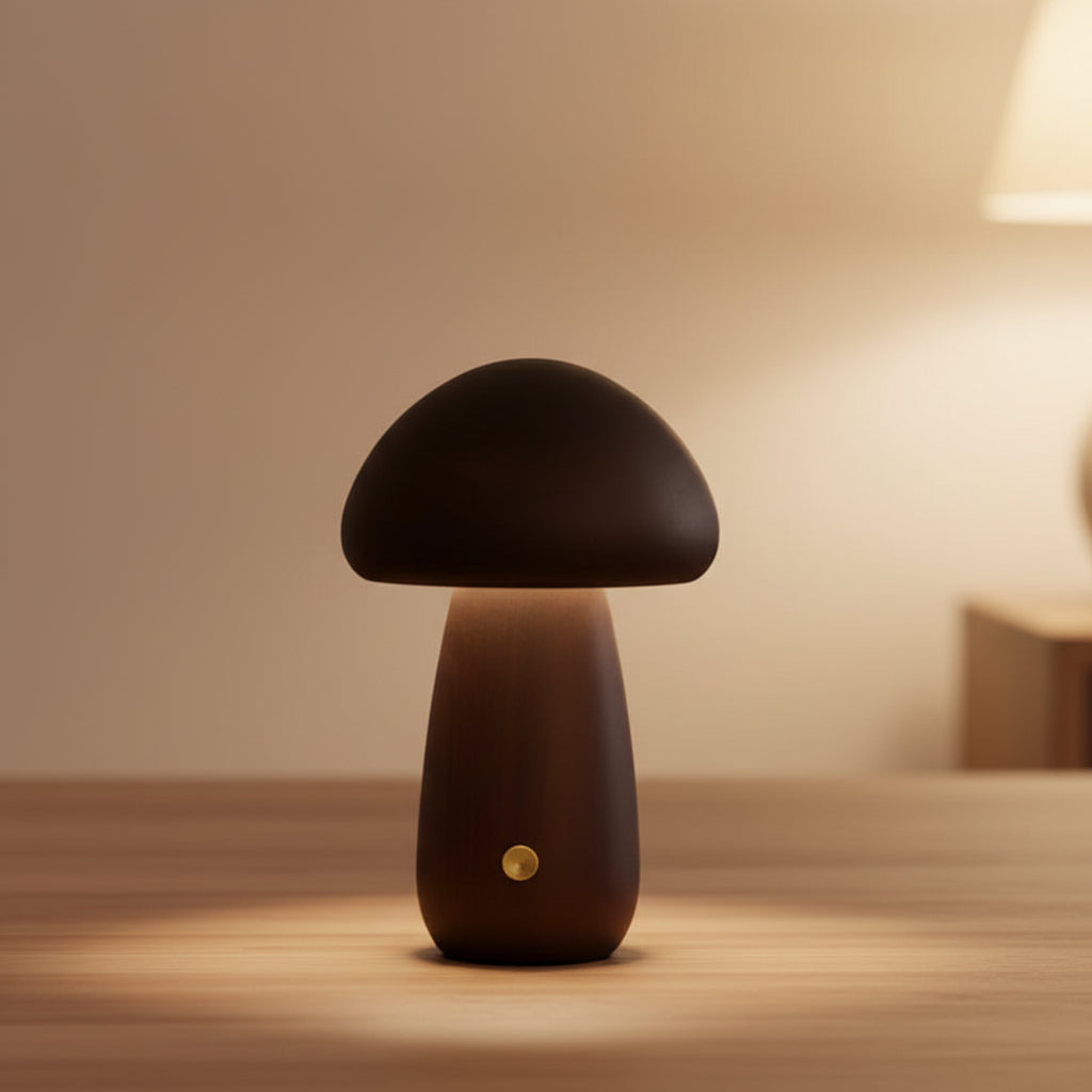 Dark wooden mushroom desk lamp with warm light and circular front button