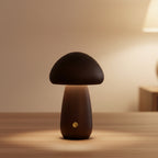 Dark wooden mushroom desk lamp with warm light and circular front button