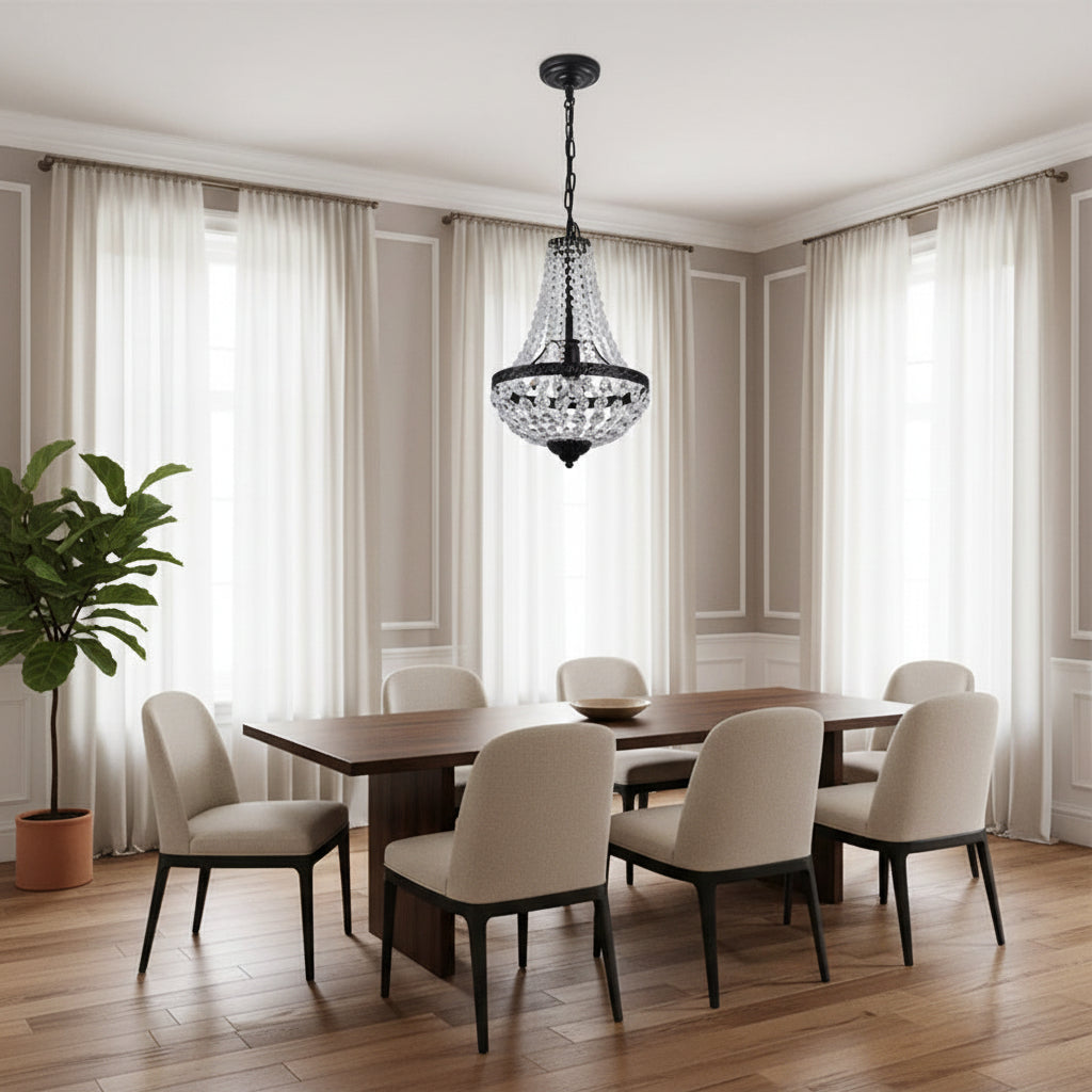 Crystal basket chandelier with black chain and beaded shade above dining area