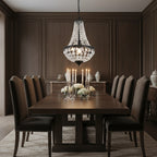 Minimalist crystal basket chandelier with cascading beaded strands over dining table