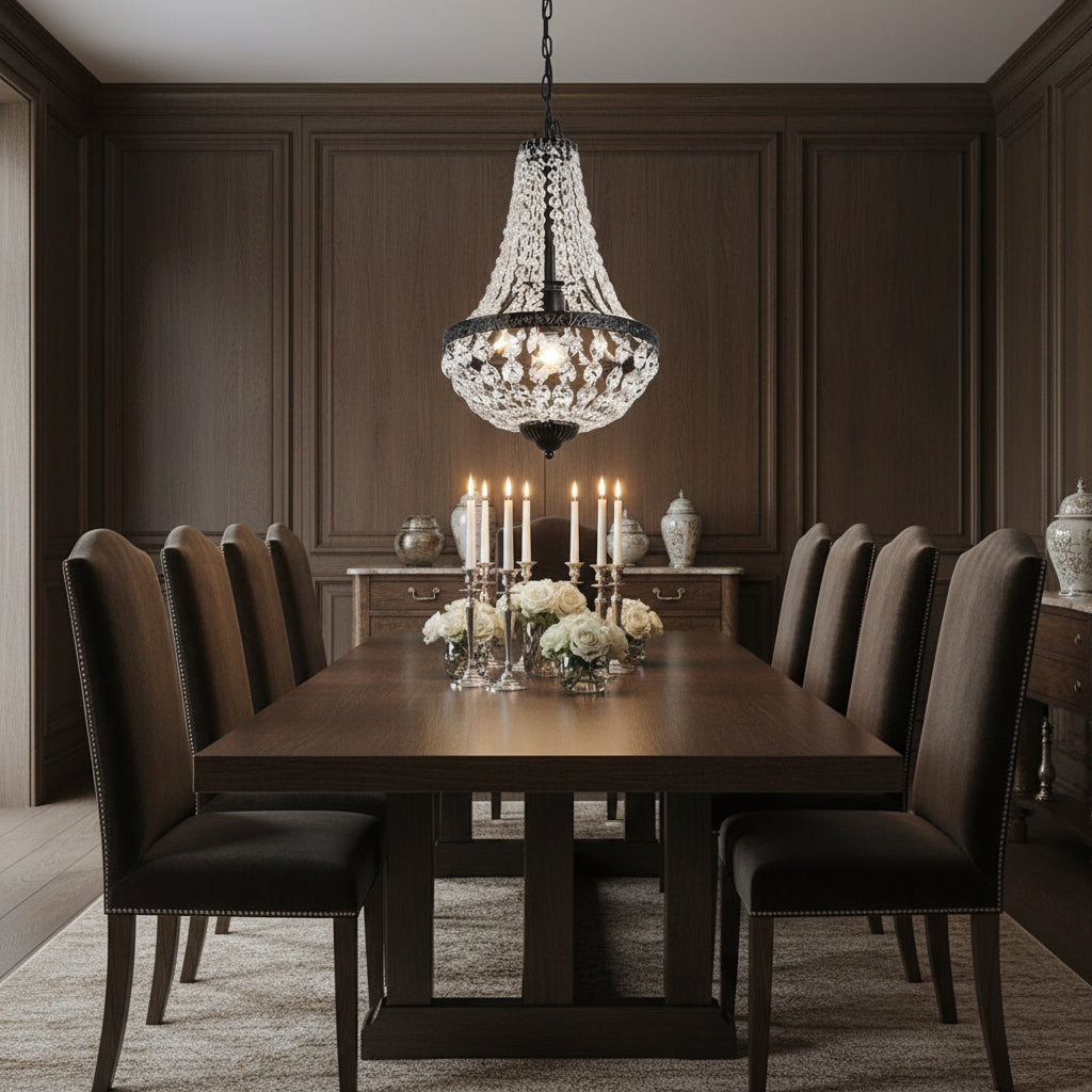Minimalist crystal basket chandelier with cascading beaded strands over dining table