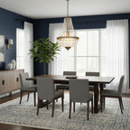 Crystal basket chandelier with beaded glass shade in modern dining room setting