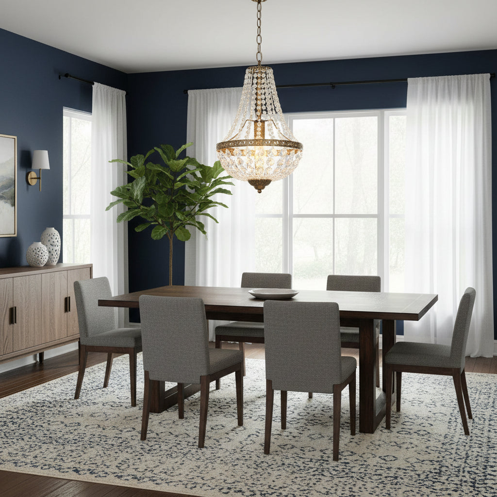 Crystal basket chandelier with beaded glass shade in modern dining room setting