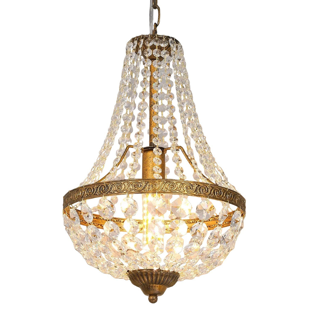 Bronze crystal basket chandelier with beaded tassel shade and glowing bulb lights