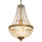 Bronze crystal basket chandelier with beaded tassel shade and glowing bulb lights