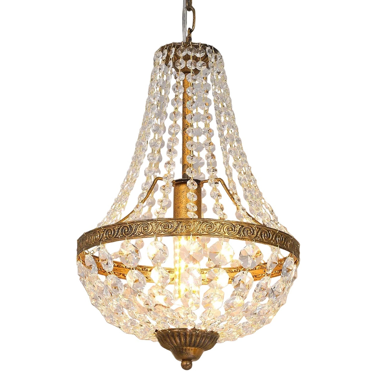 Bronze crystal basket chandelier with beaded tassel shade and glowing bulb lights