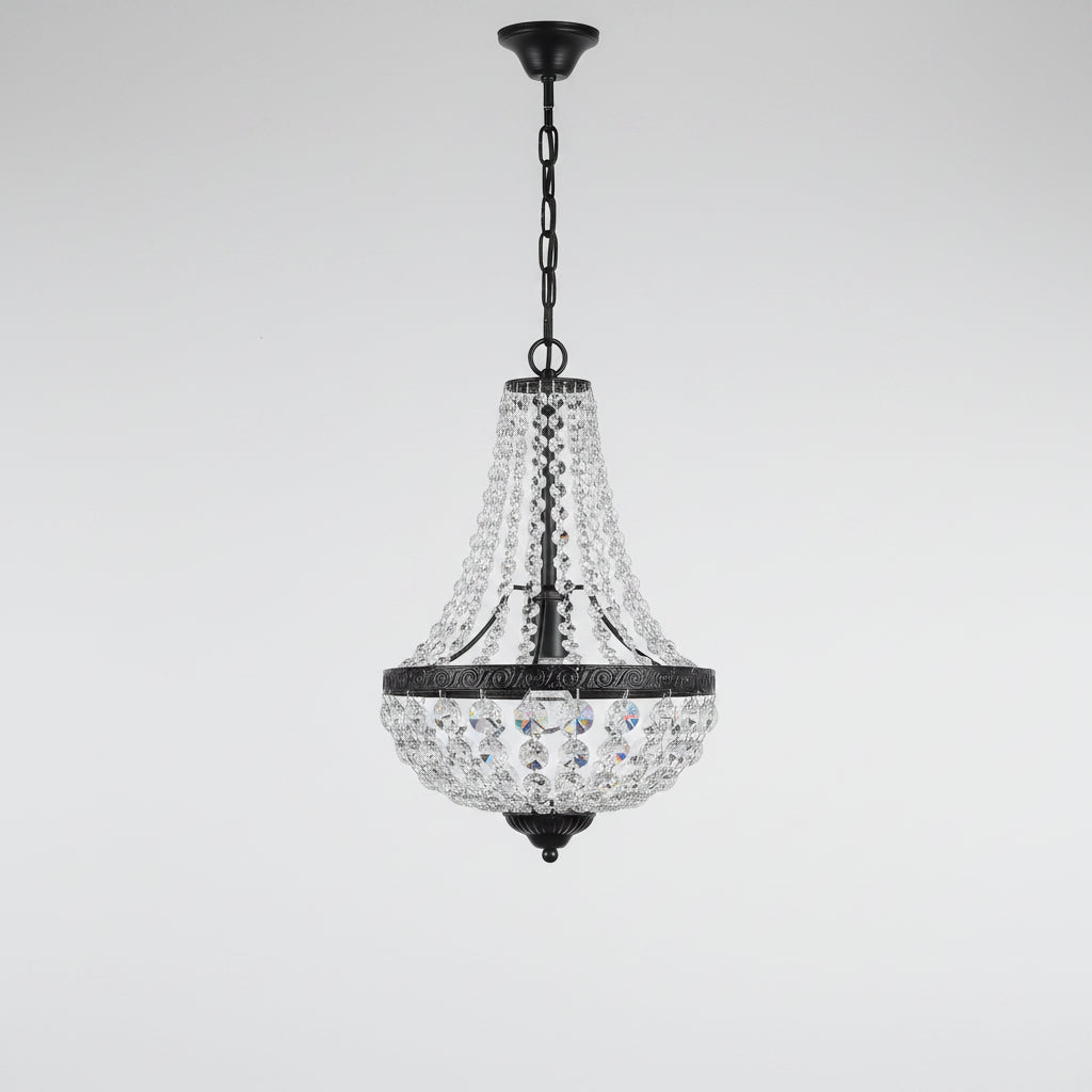 Crystal basket chandelier with black canopy, clear beaded shade, and tiered crystal trim