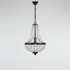 Crystal basket chandelier with black canopy, clear beaded shade, and tiered crystal trim