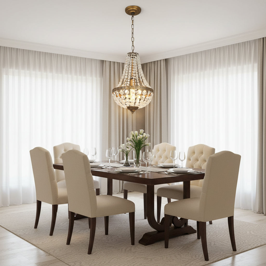 Crystal basket chandelier hanging over dining room table with beaded glass shade