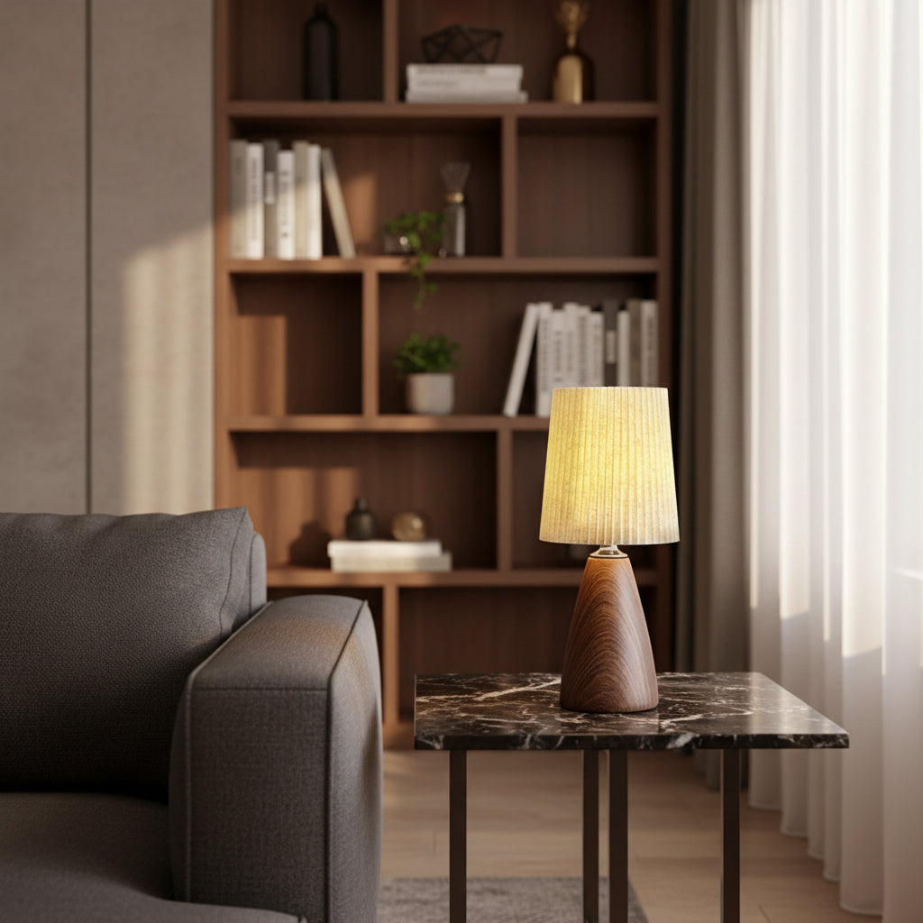 Minimalist table lamp featuring pleated beige shade and dark wood-grain ceramic base