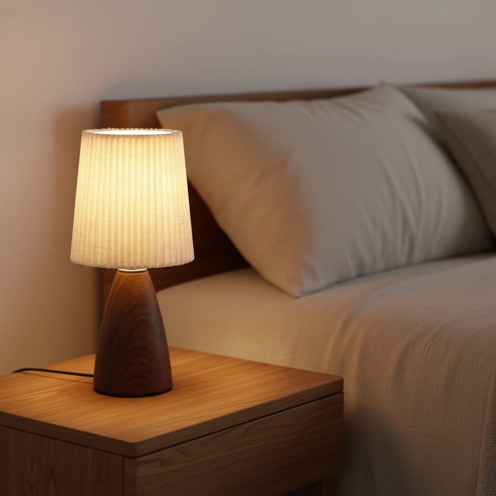 Conical table lamp with pleated beige shade and dark wood ceramic base on side table