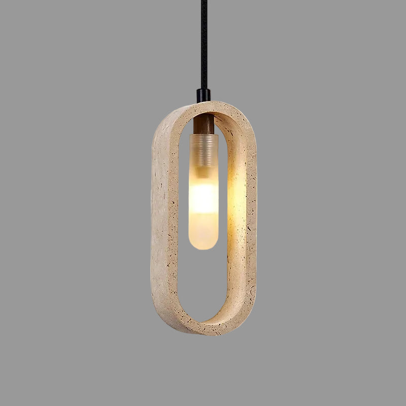 Oval travertine pendant light with warm glowing bulb in a stone frame, black cord