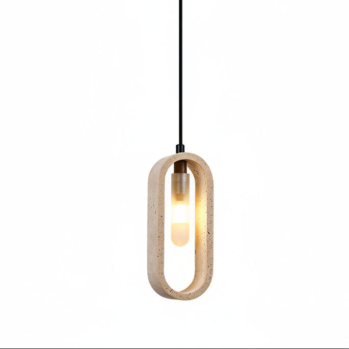 Hanging oval travertine pendant light with warm bulb glow and black power cord
