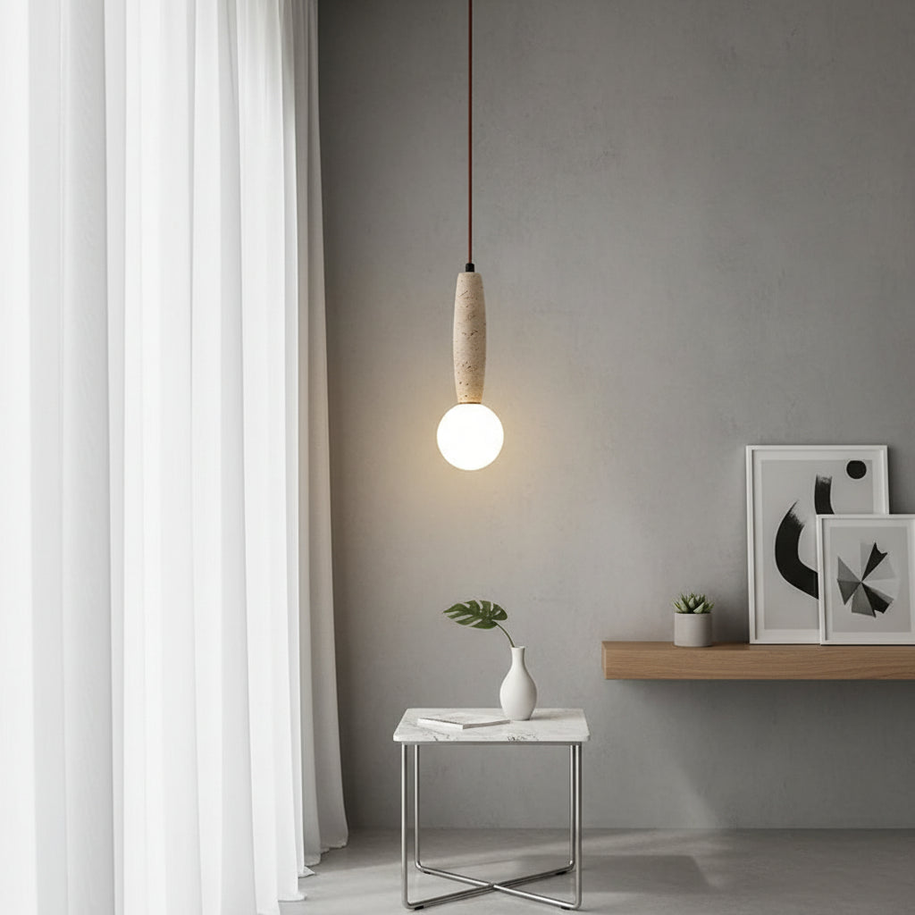 Single hanging pendant light with travertine cylinder shade and glowing white globe