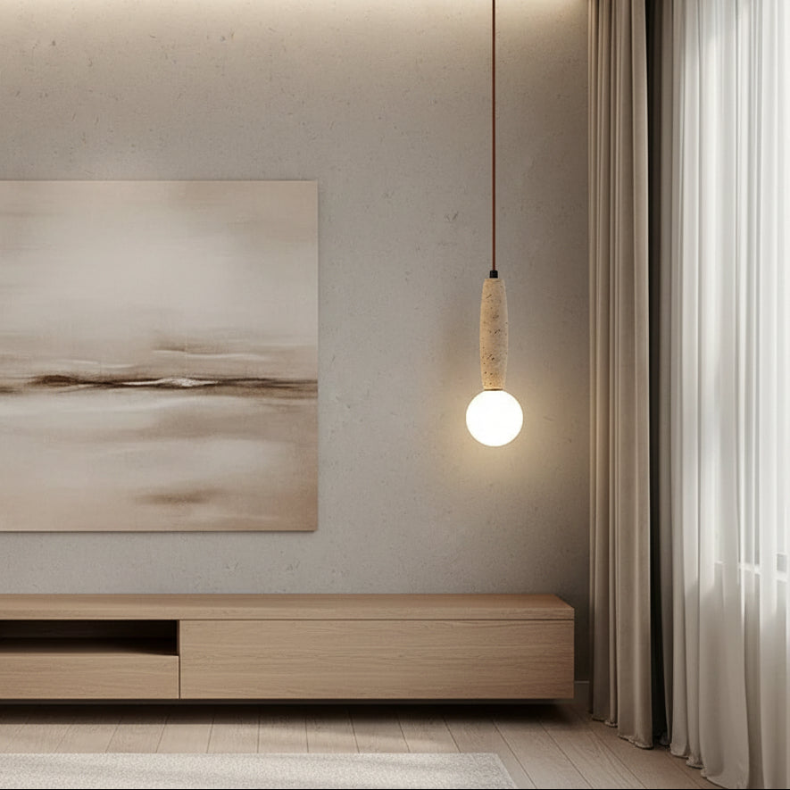 Hanging pendant light with travertine cylinder shade and white glass globe