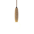 Travertine cylinder pendant light with glowing white glass globe diffuser