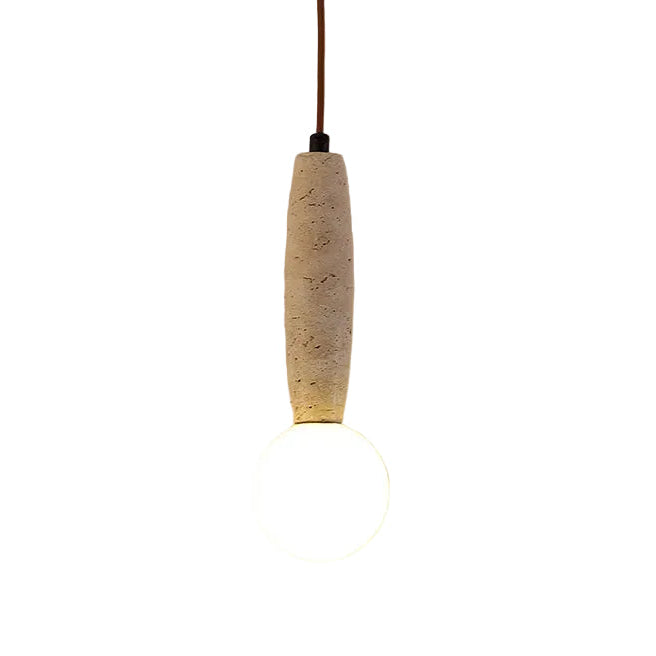 Travertine cylinder pendant light with glowing white glass globe diffuser