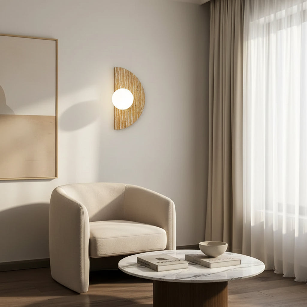 Half-moon travertine wall sconce with lit round white diffuser