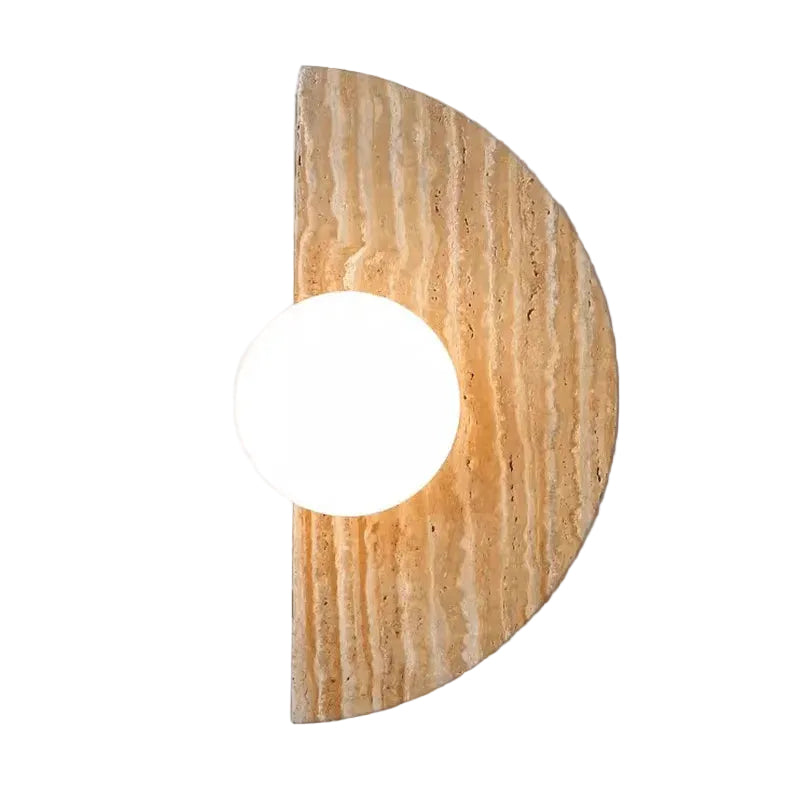 Travertine half-moon wall sconce with round white globe diffuser