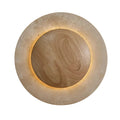 Round backlit wall sconce with travertine outer ring and wood-tone center disc