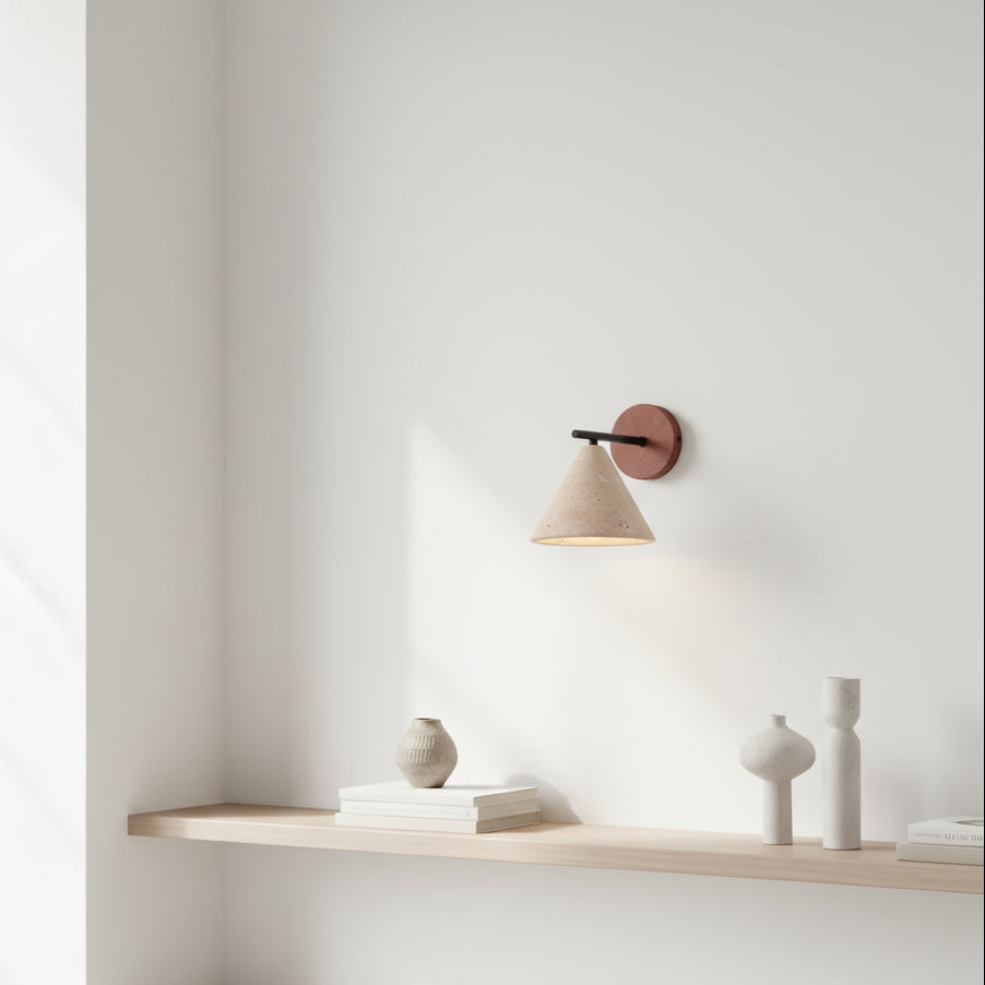 Conical wall light with round wood backplate, black support bar, soft lit shade