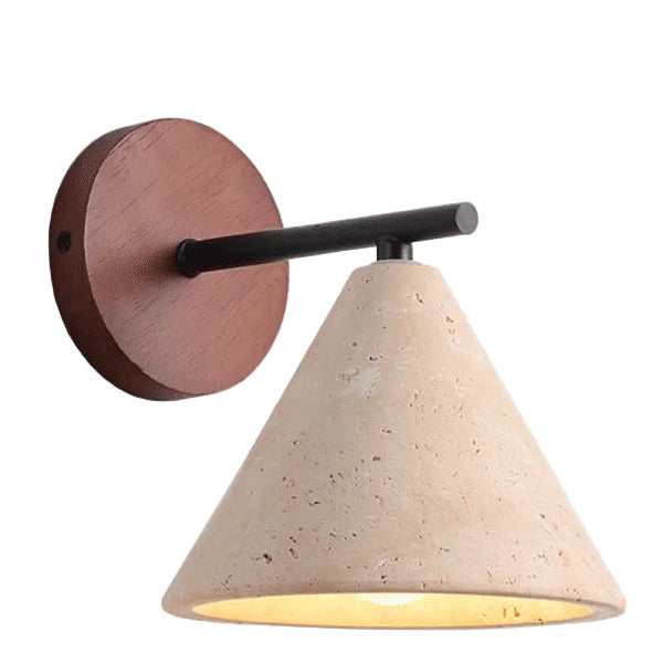 Minimalist conical wall sconce with black arm, round wood backplate, speckled white shade
