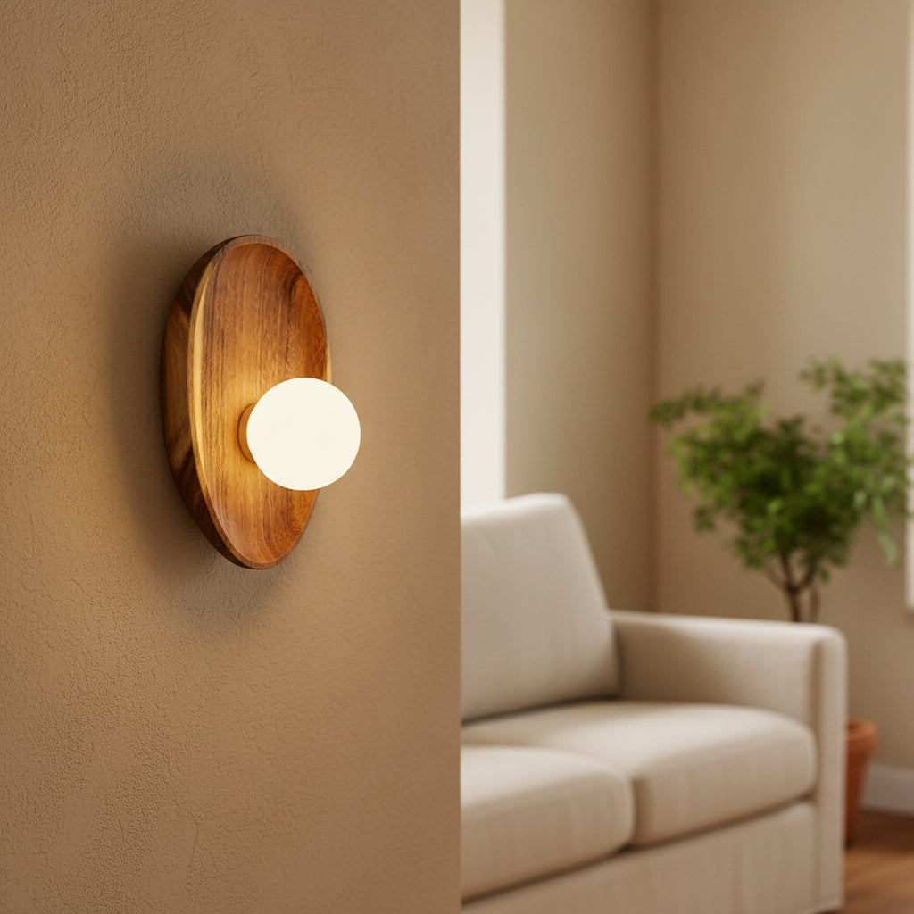 Oval wood backplate wall light with round glowing diffuser