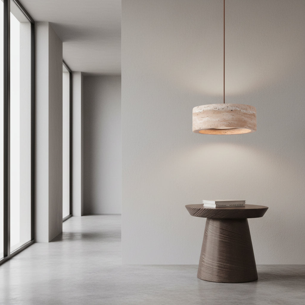 Round travertine drum pendant light over a hallway table