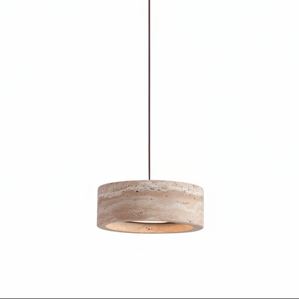 Round travertine drum pendant light with warm exposed underside opening