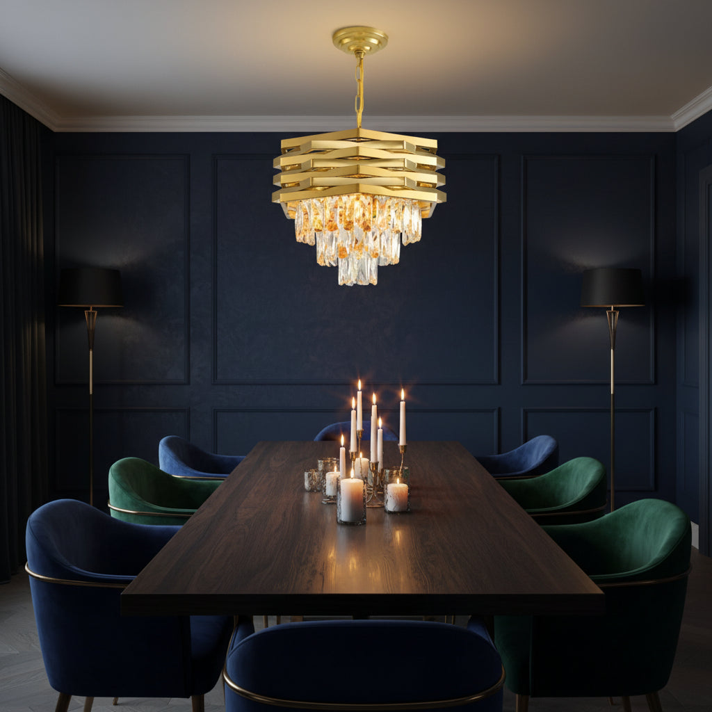 Gold geometric crystal chandelier with stacked tiers and clear prism drop strands