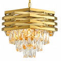 Stacked gold crystal chandelier with multiple tiers of faceted hanging droplets