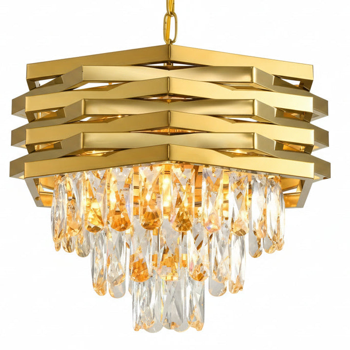Stacked gold crystal chandelier with multiple tiers of faceted hanging droplets