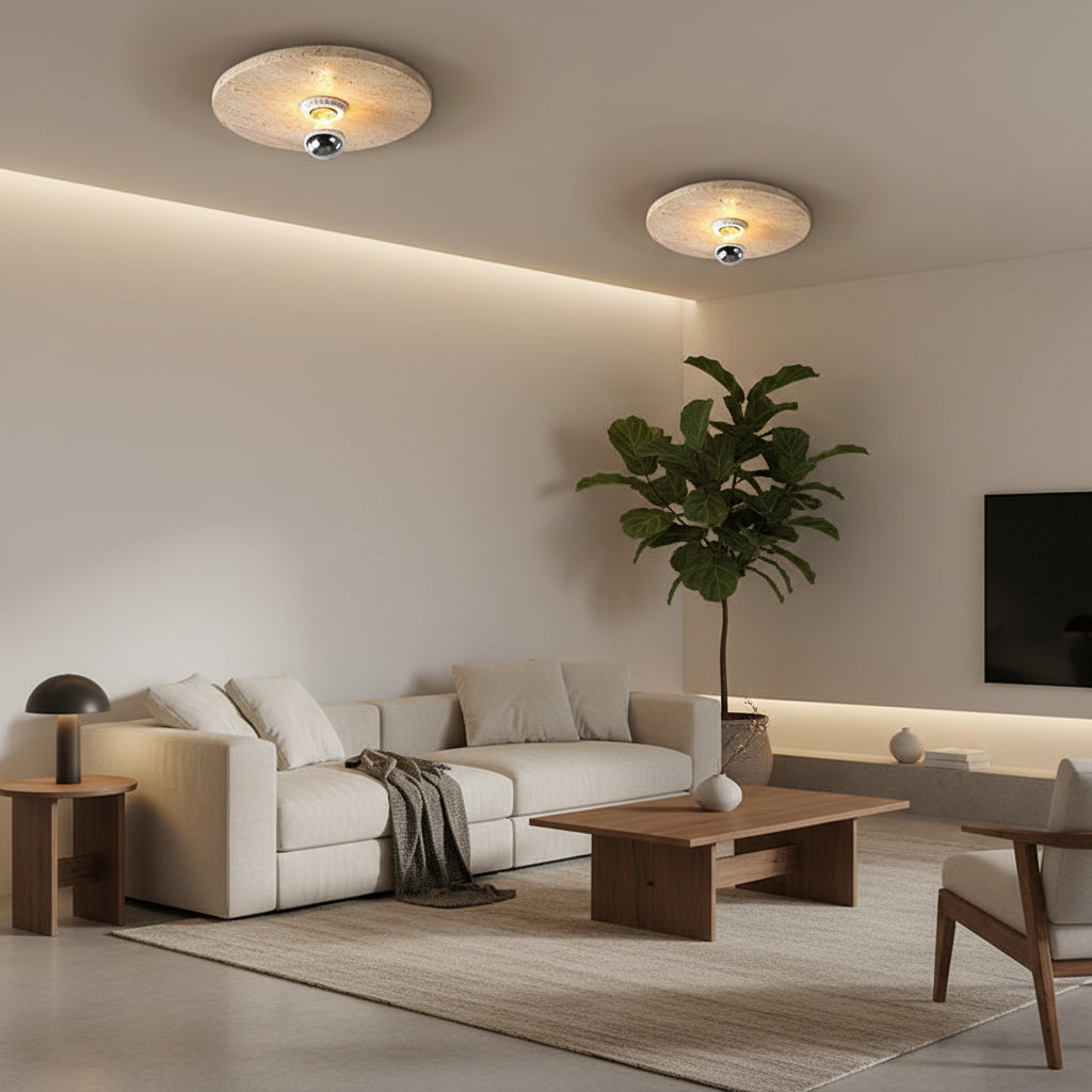 Two round travertine disc flush mount ceiling lights with chrome bases