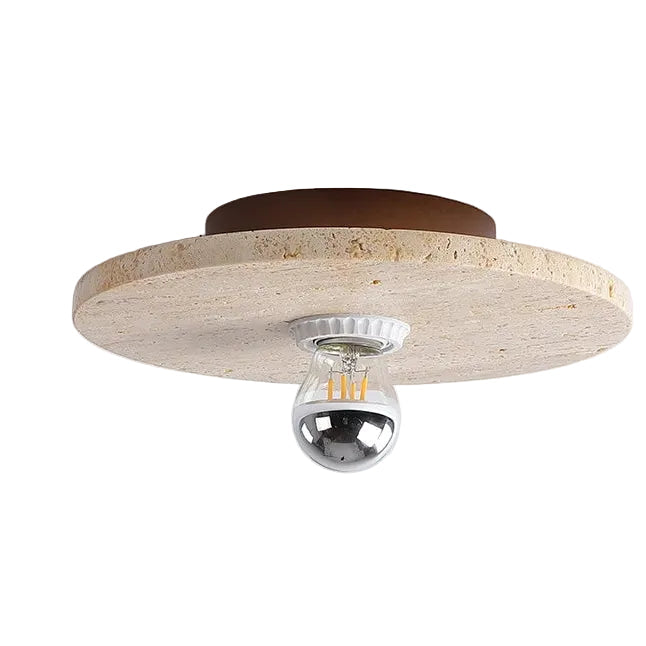 Travertine disc ceiling light with chrome base and visible bulb, flush mount