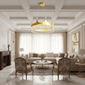 Gold and crystal tiered chandelier with hanging teardrop pendants