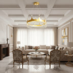 Gold and crystal tiered chandelier with hanging teardrop pendants