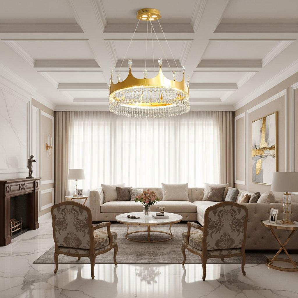 Gold and crystal tiered chandelier with hanging teardrop pendants