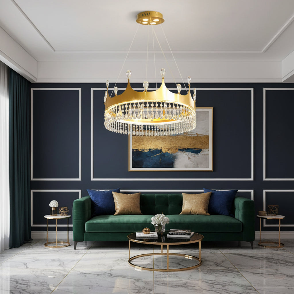 Gold tiered crystal chandelier with crown top and clear hanging pendants