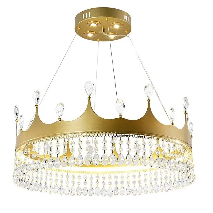 Gold crown ceiling fixture with dangling crystal drops and round canopy