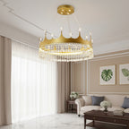 Gold tiered crystal chandelier with crown detail and clear hanging crystal drops
