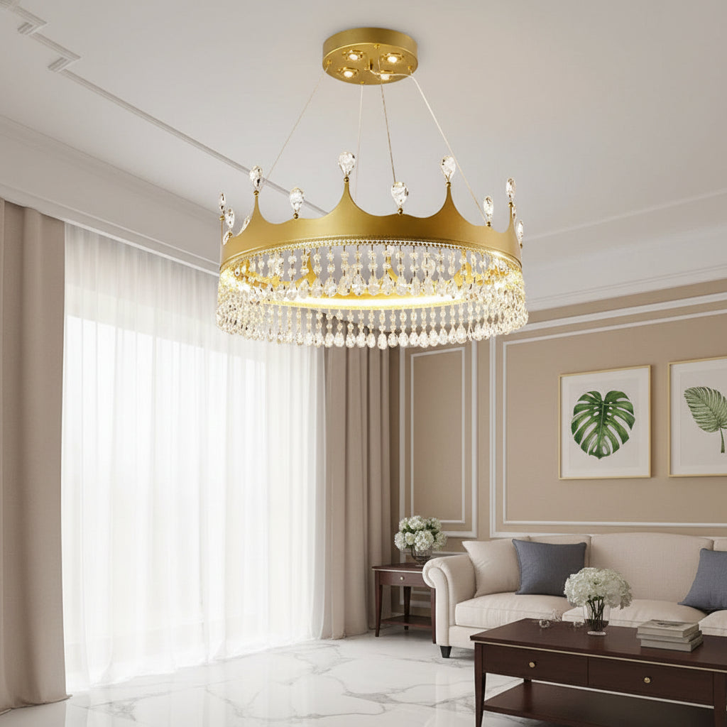 Gold tiered crystal chandelier with crown detail and clear hanging crystal drops