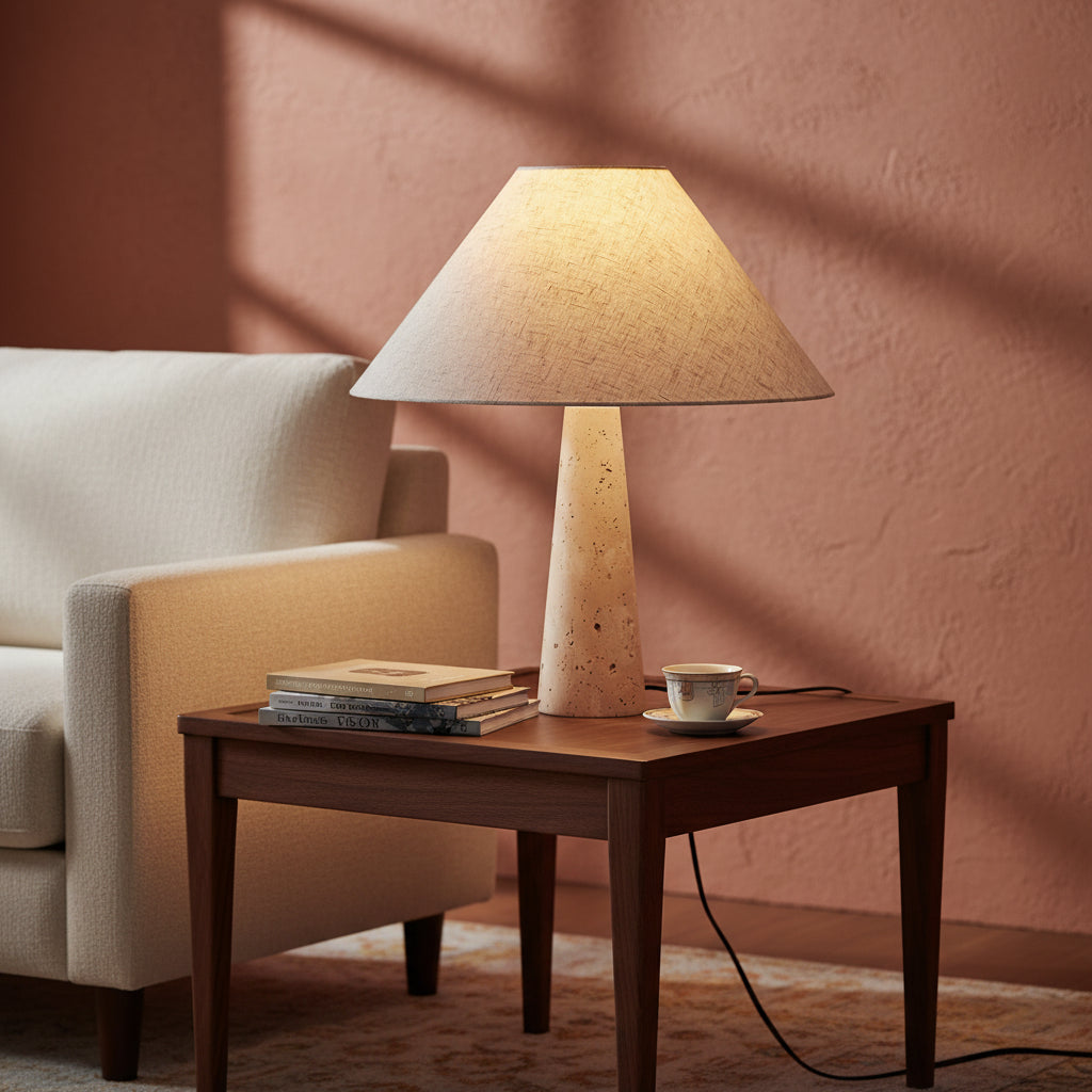 Conical fabric table lamp with speckled travertine pedestal base on a bedside table
