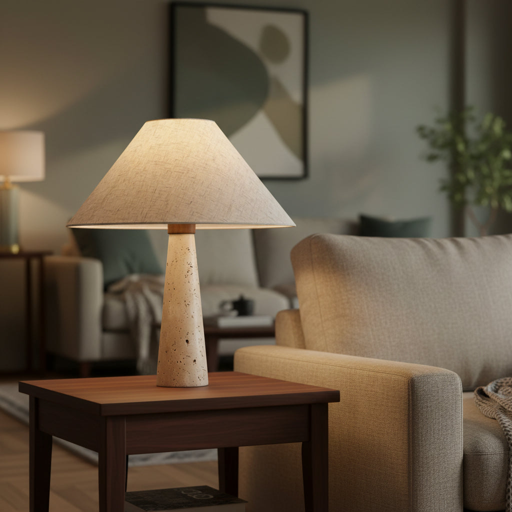Conical fabric table lamp with speckled travertine base on a wooden side table