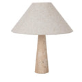 Conical fabric table lamp shade with speckled travertine pedestal base, light beige