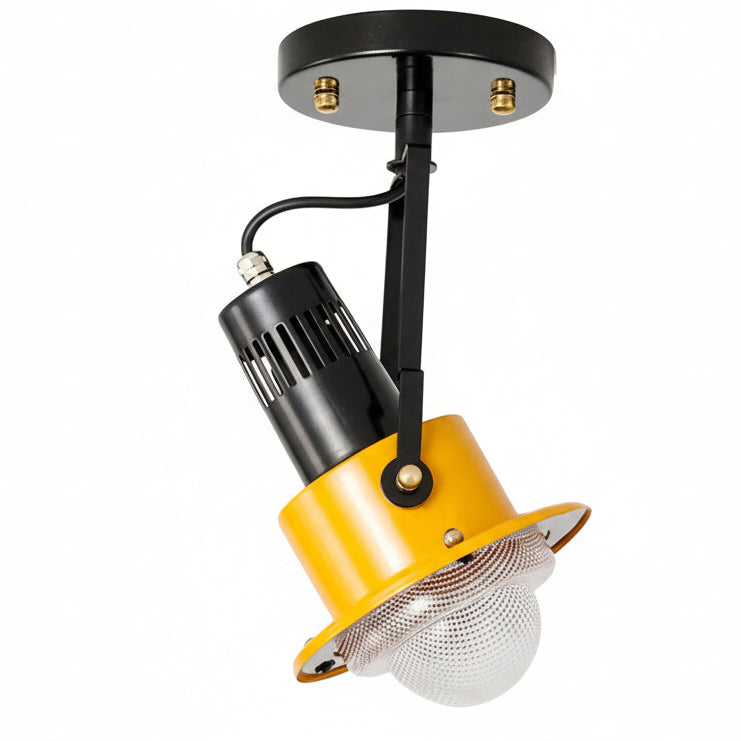 Black and orange spotlight ceiling light with white mesh diffuser and flush mount
