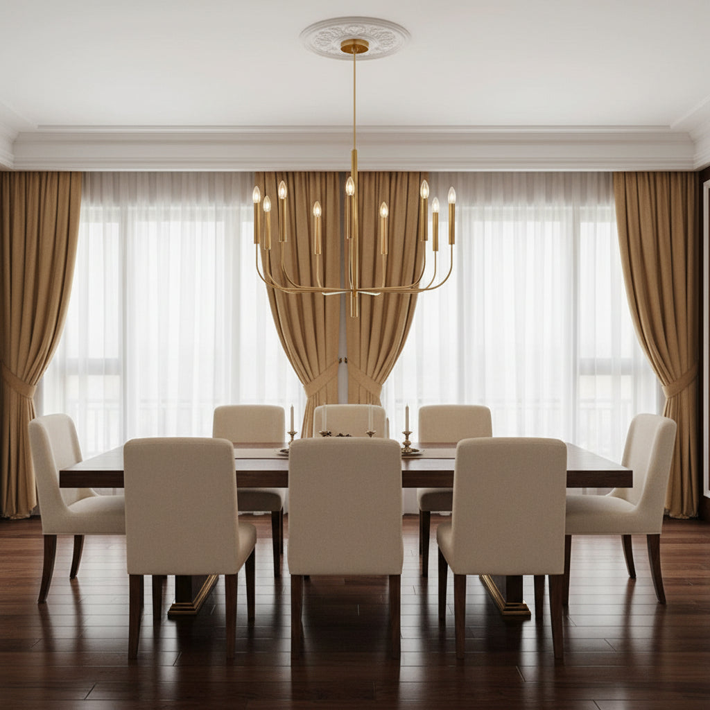 Gold candle-style chandelier with tubular arms above a dining table