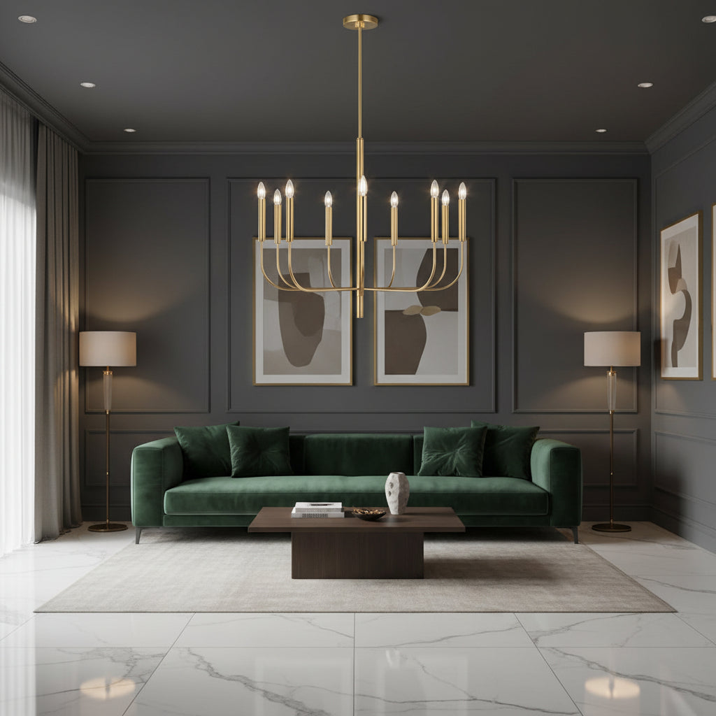 Gold candle-style chandelier featuring multiple candle bulbs on tubular arms