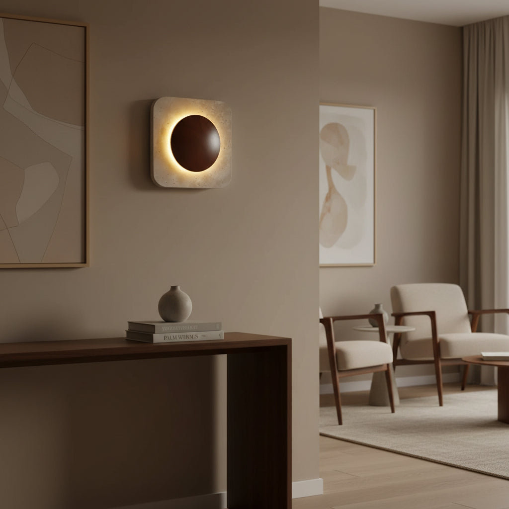 Square travertine wall sconce with backlit circular opening, warm glow